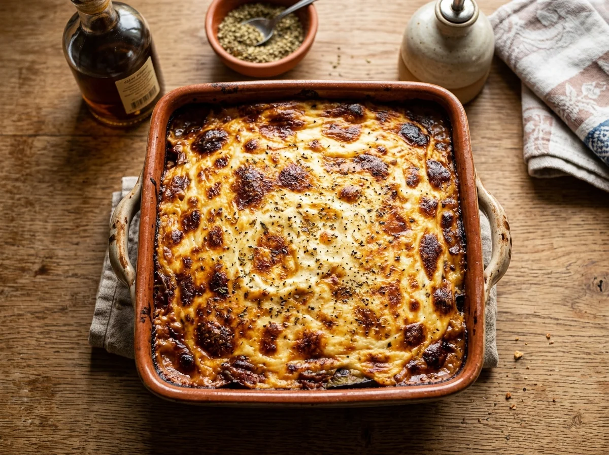 焼き上がったムサカの全体写真。耐熱皿に入った状態