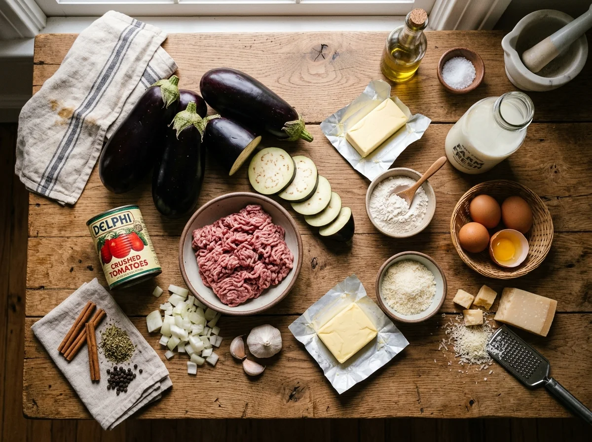 ムサカの材料を並べた俯瞰写真。なす・挽き肉・トマト缶・スパイス・バター