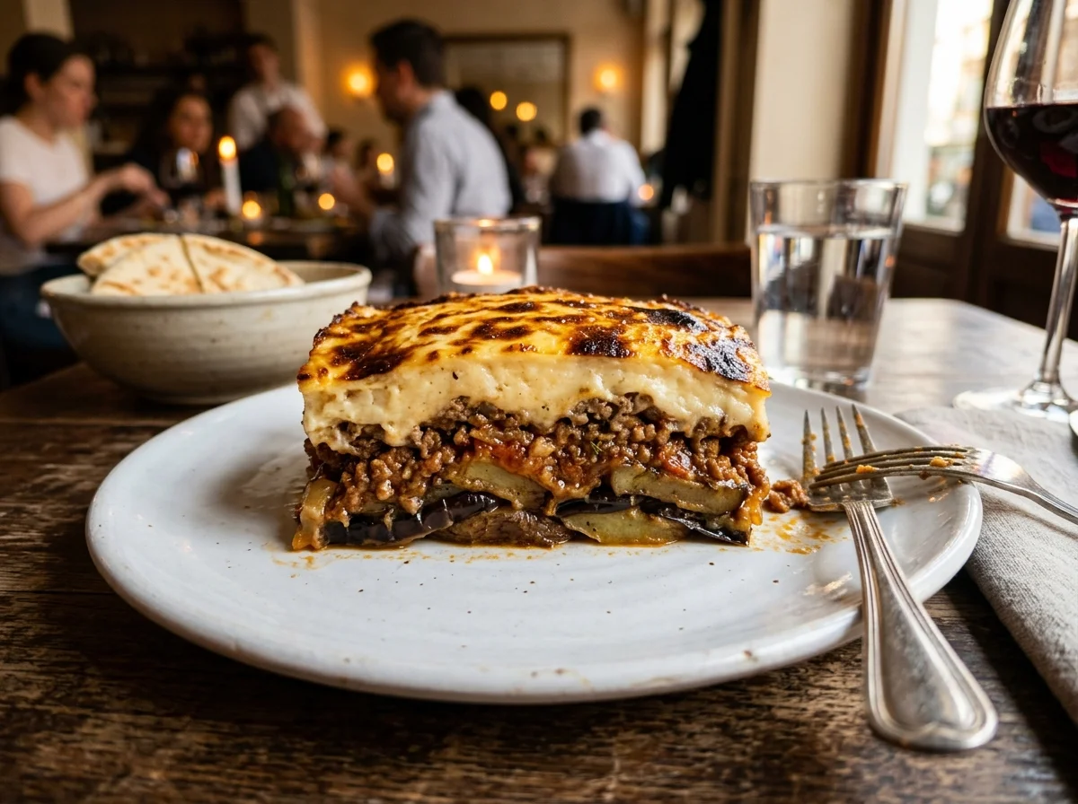 ポーションカットされたムサカ。断面の三層がきれいに見える