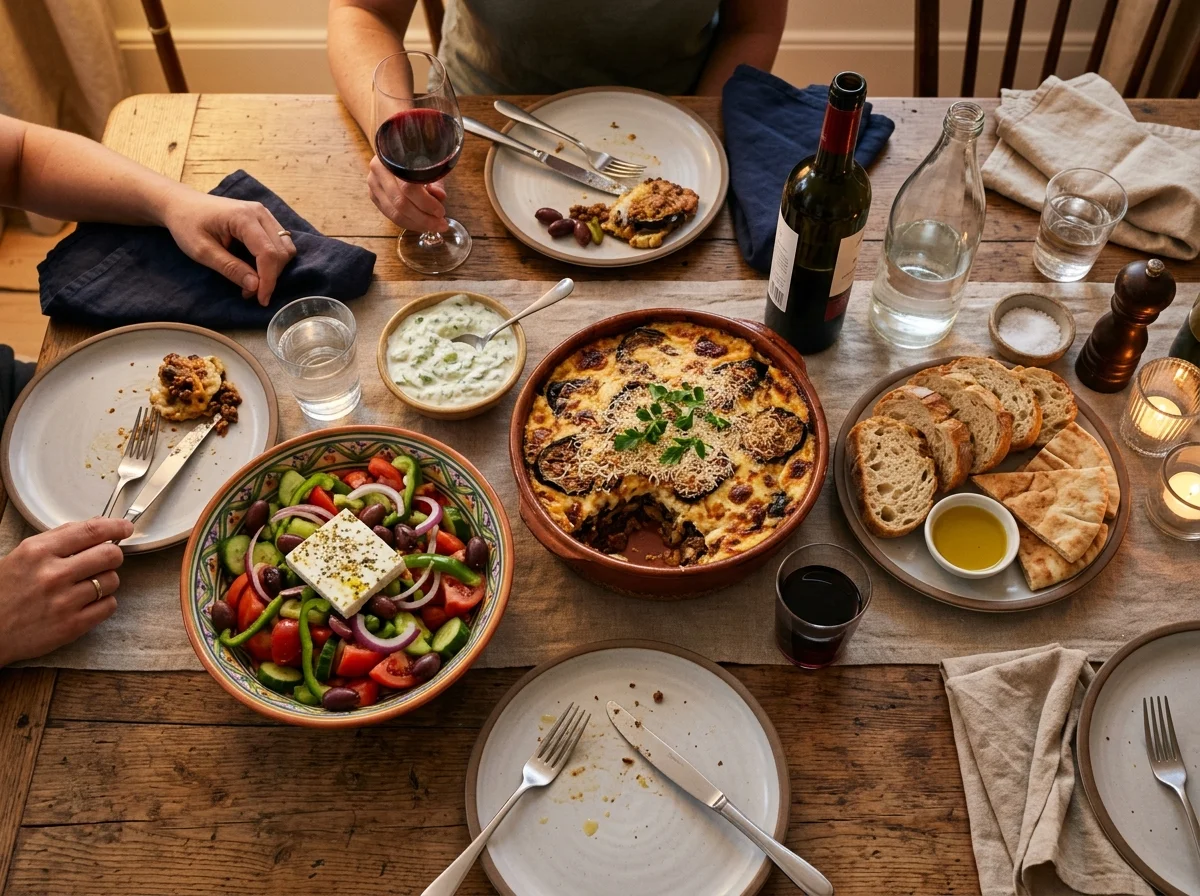 ムサカとギリシャ風サラダが並ぶ食卓の全体写真