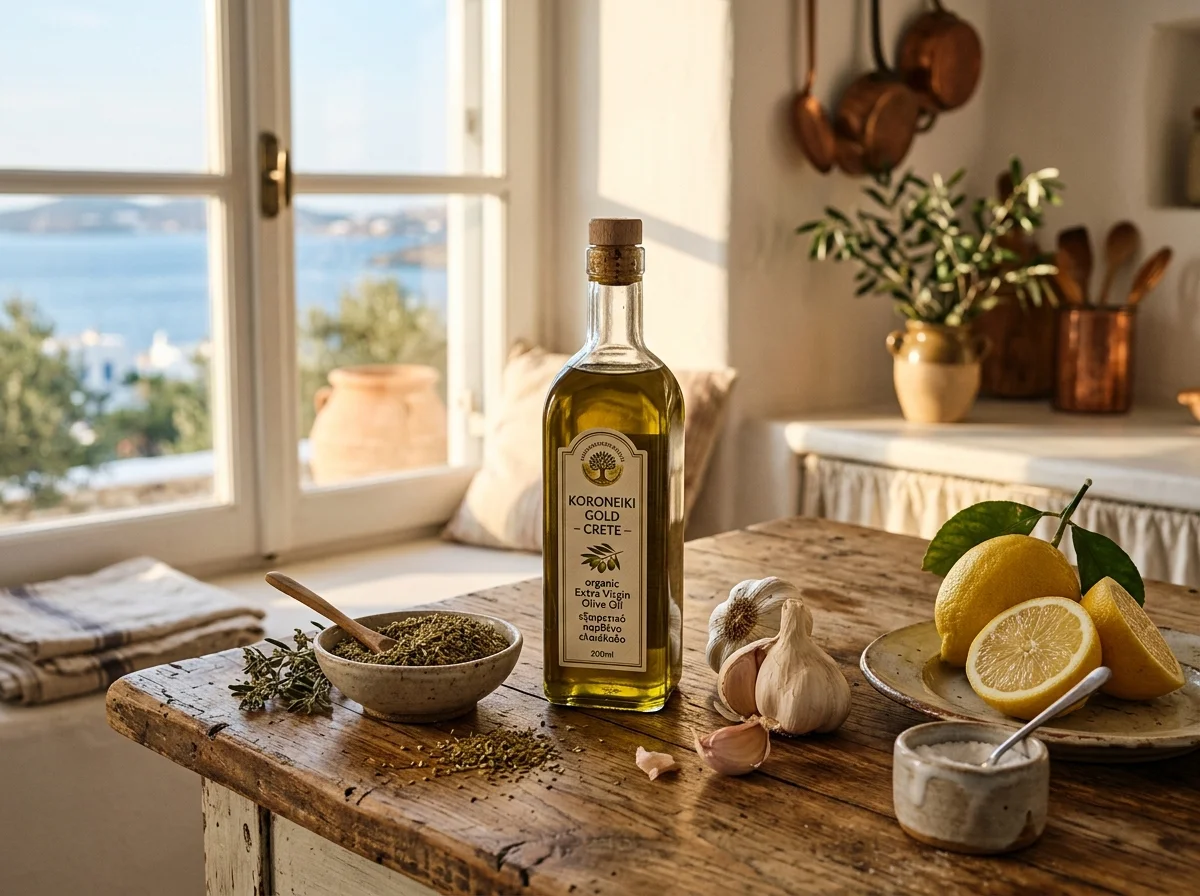 ギリシャのオリーブオイルとハーブが並ぶキッチン