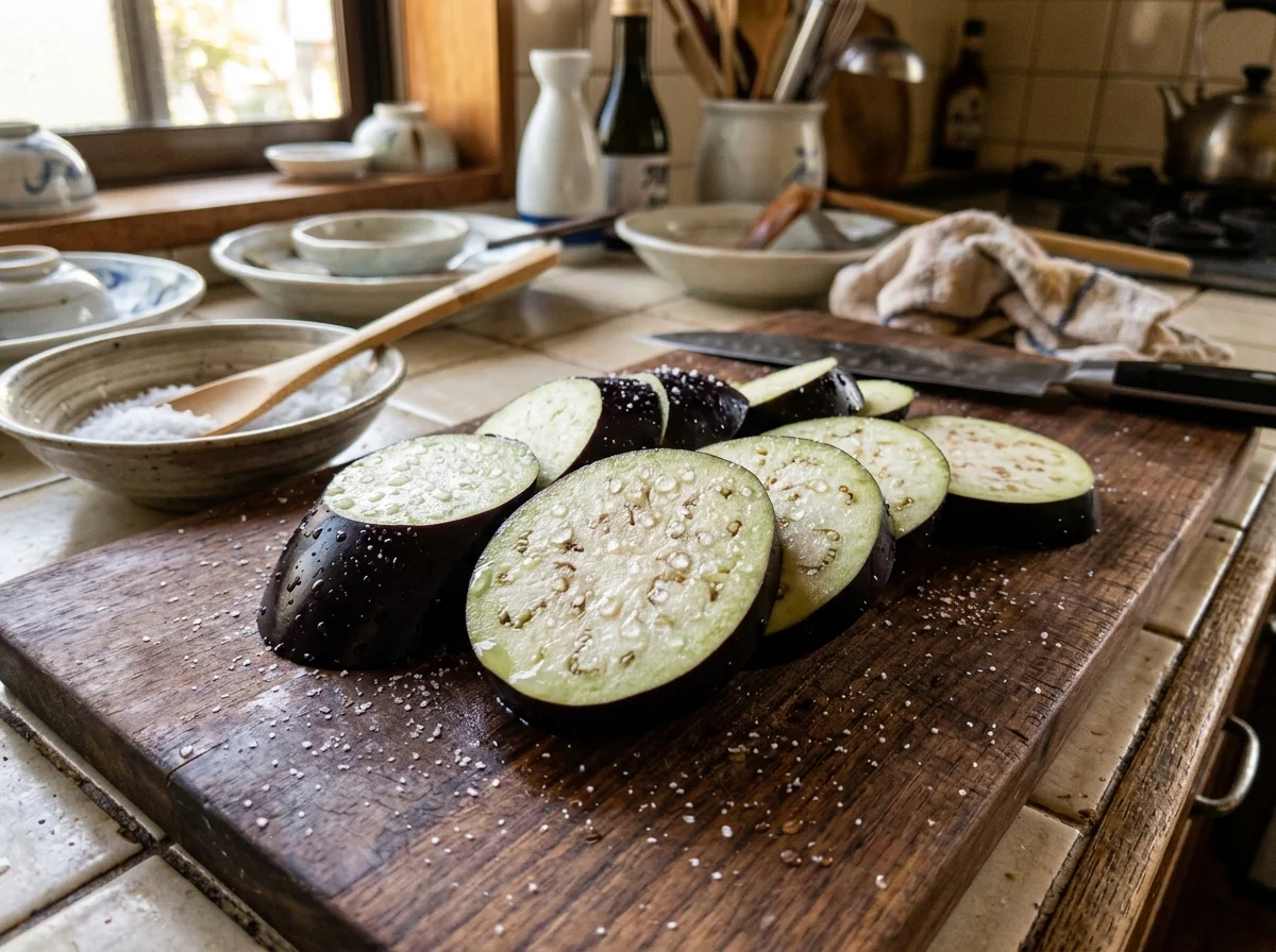 塩を振って水分が出てきたなすのスライス