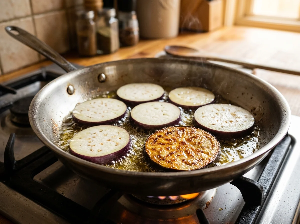 フライパンで焼かれているなすのスライス