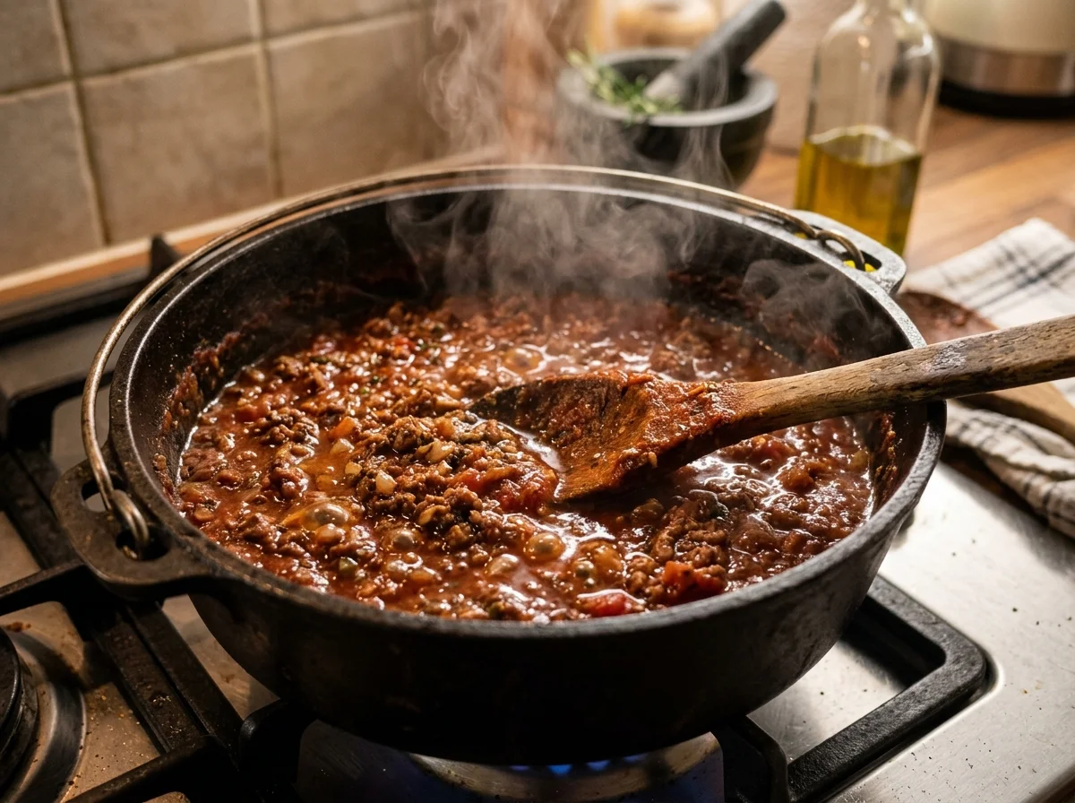 鍋の中で煮込まれているミートソース