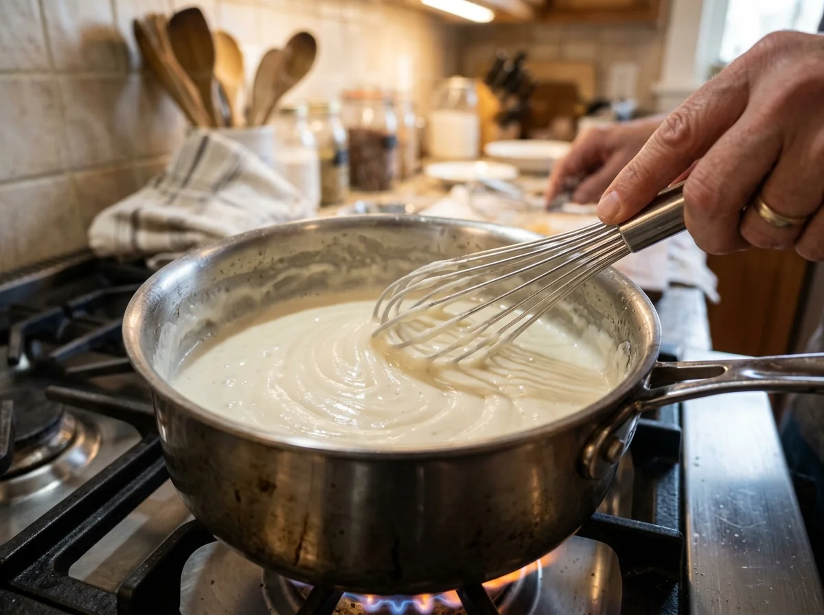鍋の中のベシャメルソース。木べらで持ち上げるととろりと流れ落ちる