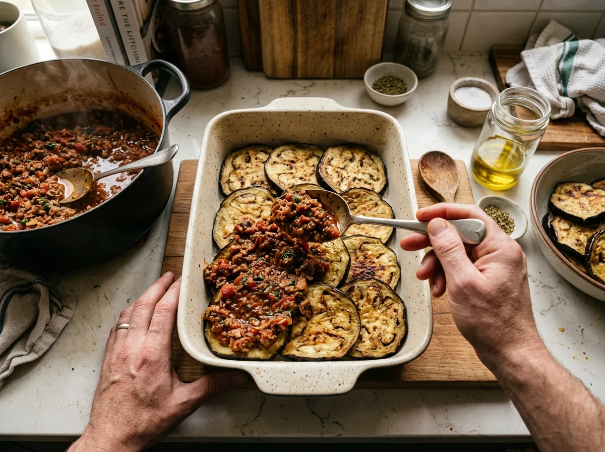 耐熱皿に層を組み立てているところ