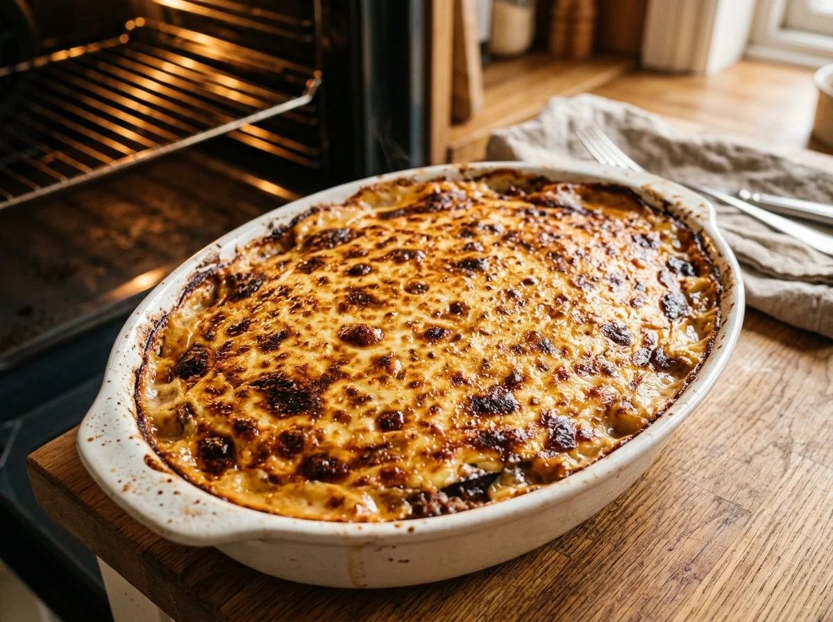 オーブンから取り出した焼き上がりのムサカ。表面が黄金色