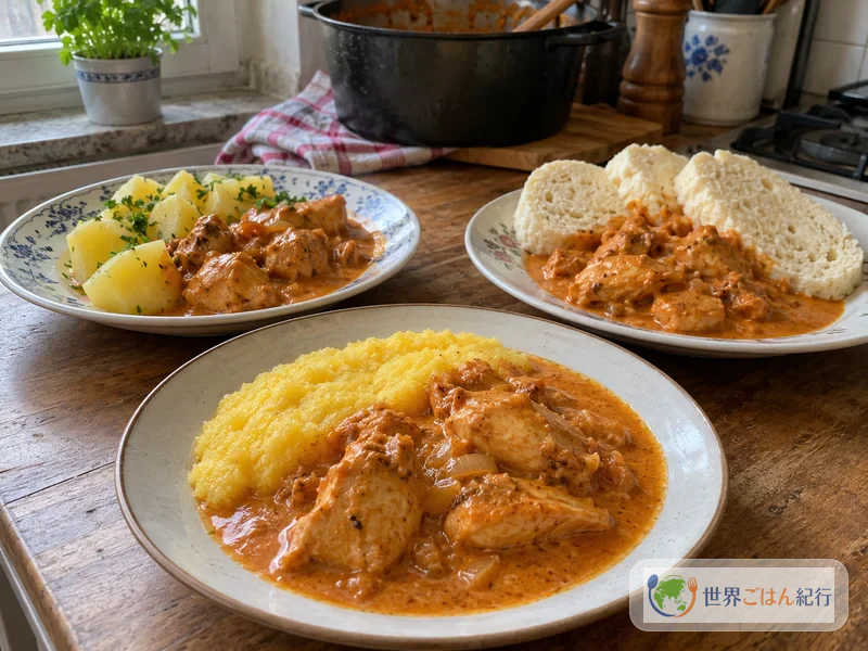 ポレンタやじゃがいも、ダンプリングなど地域ごとに異なる付け合わせを添えた鶏肉のパプリカ煮込み