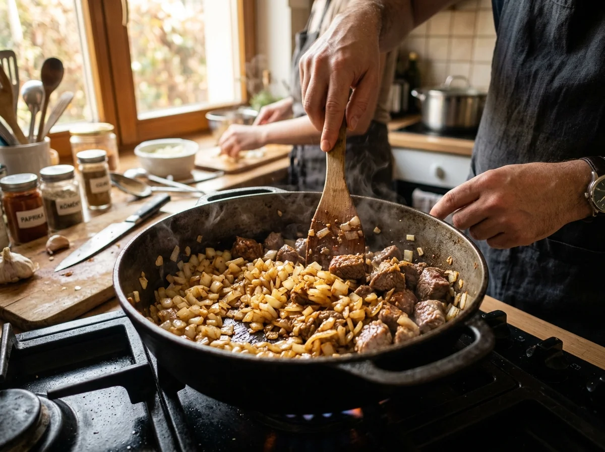 手順1: 玉ねぎをラードで炒める（15分）