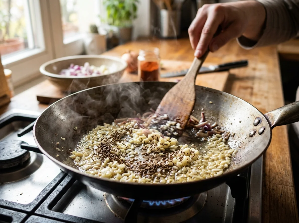 手順4: にんにくとキャラウェイを加える