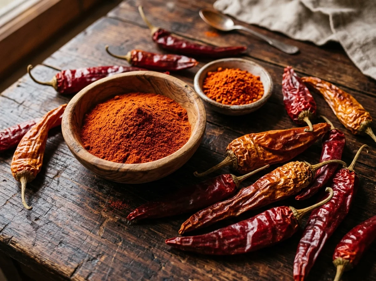 さまざまなパプリカ。スイートパプリカパウダーと乾燥パプリカが木の器に盛られている