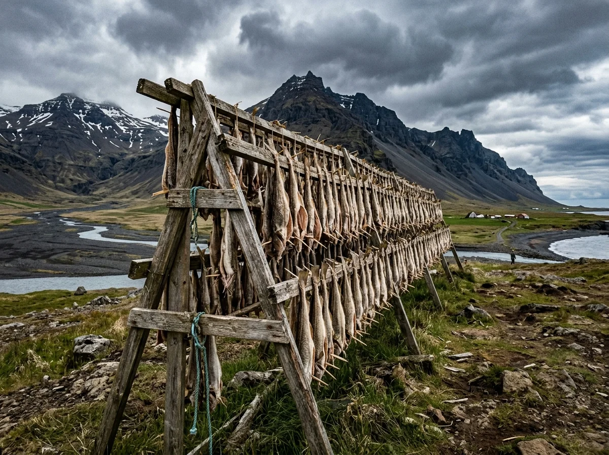 アイスランドの漁村の風景。乾燥棚にタラが干されている