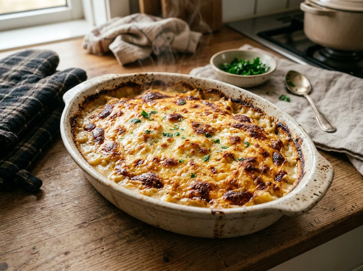 プロックフィスクルのグラタン風アレンジ。耐熱皿にチーズを乗せてオーブンで焼いたバージョン