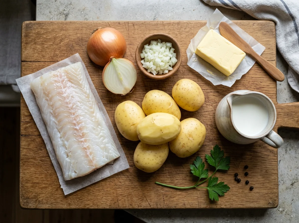 プロックフィスクルの材料。タラの切り身、じゃがいも、玉ねぎ、バター、牛乳が並ぶ