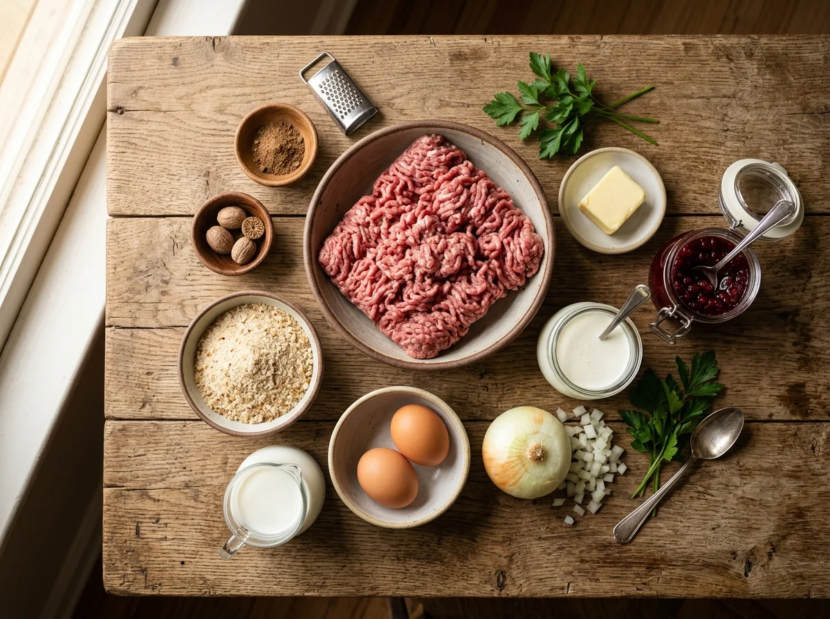 ショットブッラルの材料。合い挽き肉、オールスパイス、ナツメグ、パン粉、生クリーム、リンゴンベリージャム
