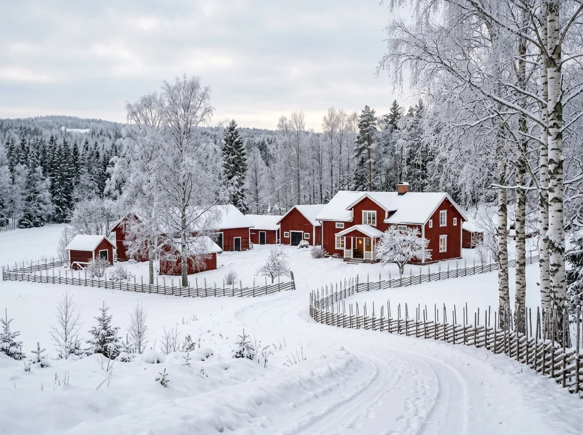 スウェーデンの冬の田園風景。雪に覆われた赤い木造家屋