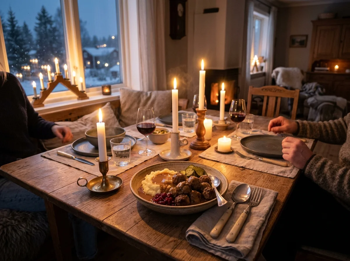 スウェーデンの伝統的なダイニングテーブル。キャンドルが灯され、ショットブッラルが中央に置かれている
