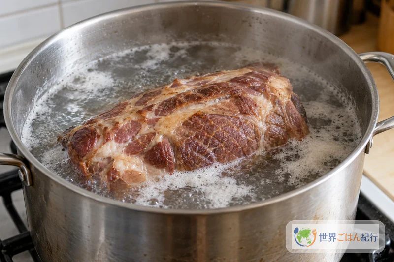手順1: 豚肉を一度ゆでこぼして塩を抜く（約10分）