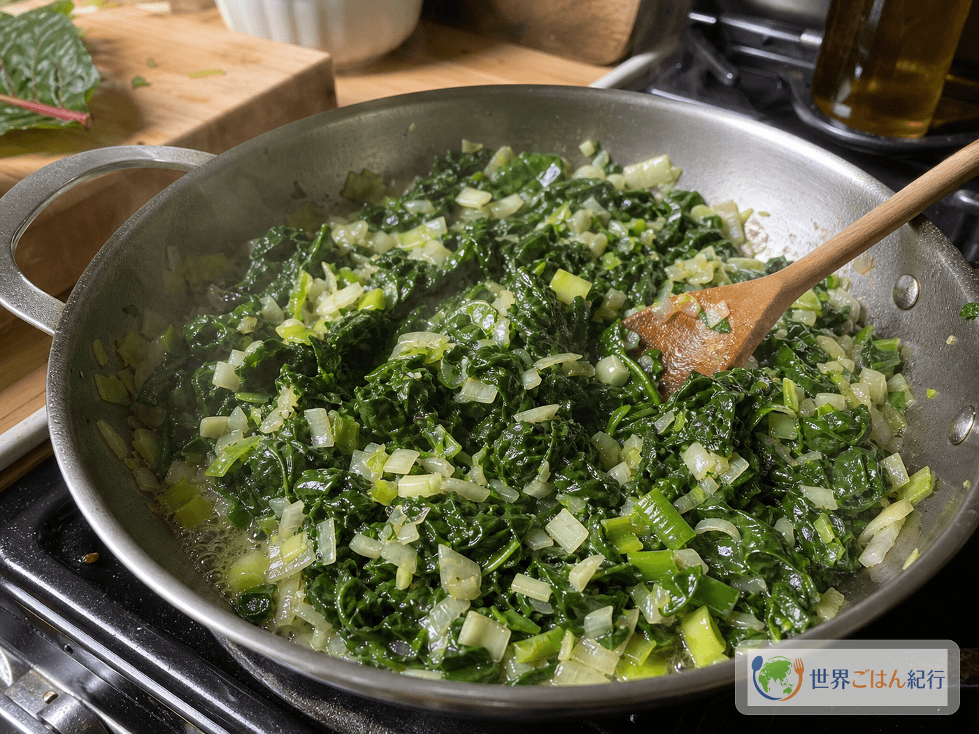 手順3: 香味野菜と青菜を炒める