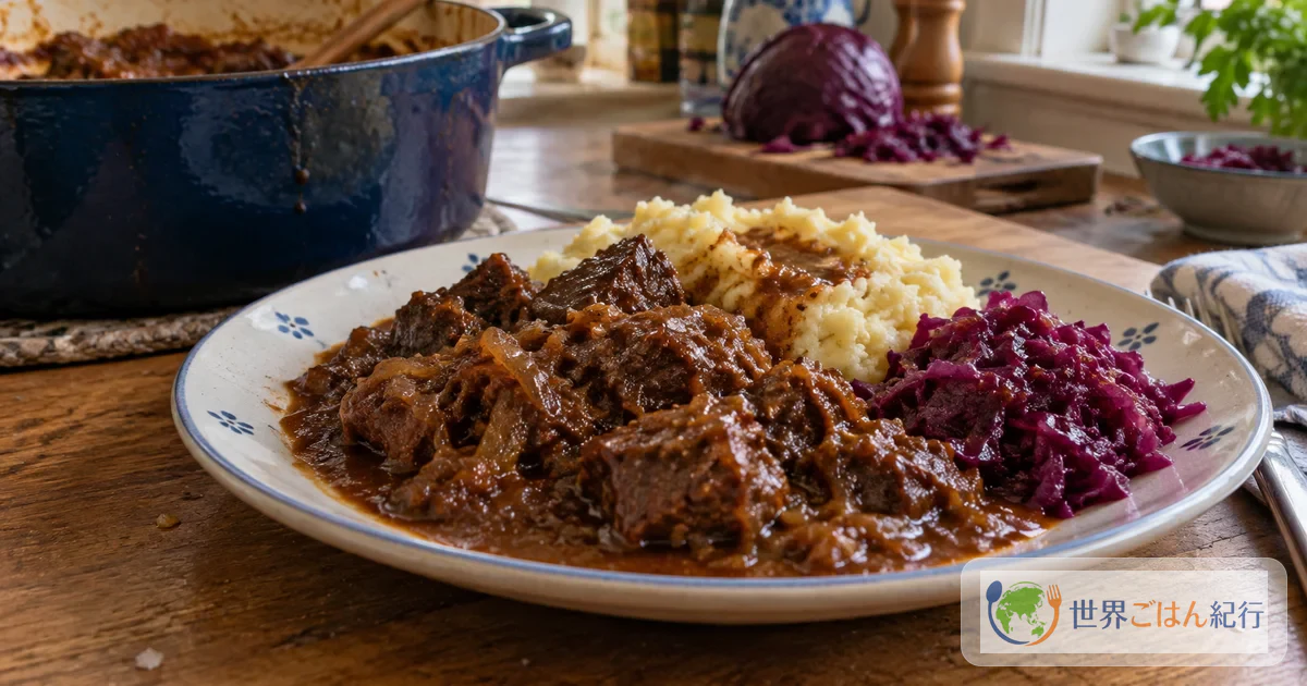 A plate of hachee, beef and onions braised in a dark brown glossy sauce, served with mashed potatoes and red cabbage