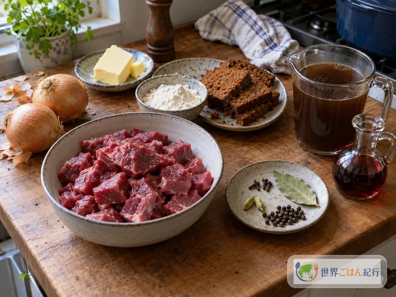 Rindfleisch, Zwiebeln, Weinessig, Nelken, Kardamom, Lorbeer und Gewürzkuchen für Hachee