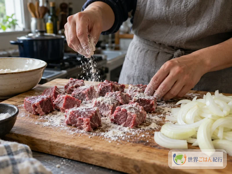 Mit Mehl bestäubte Rindfleischwürfel und in Scheiben geschnittene Zwiebeln