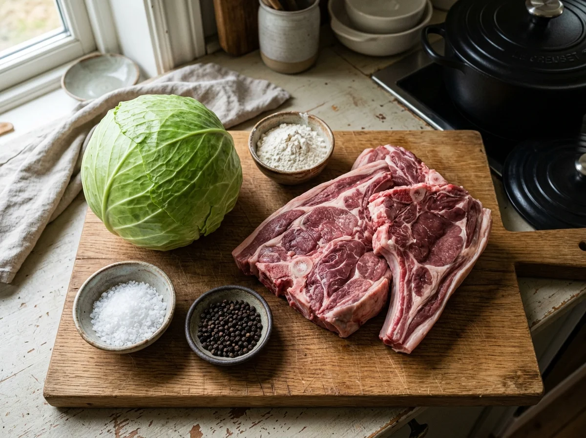 ファリカルの材料を並べた俯瞰写真。羊肉のブロック、キャベツ、黒胡椒の粒