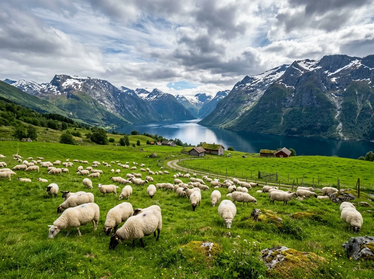 ノルウェーのフィヨルドと牧草地に羊が放牧されている風景