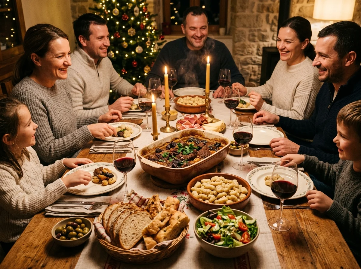 ダルマチア地方の伝統的なクリスマスの食卓。パシュティツァダを中心に家族が囲む様子