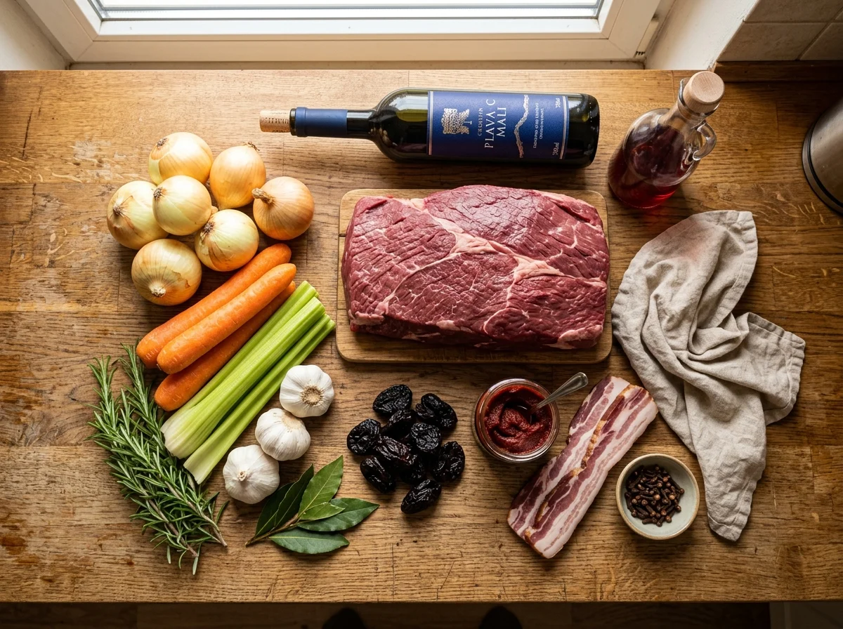 パシュティツァダのマリネ用材料。牛肉ブロック、プルーン、赤ワイン、ワイン酢、香味野菜が並んでいる