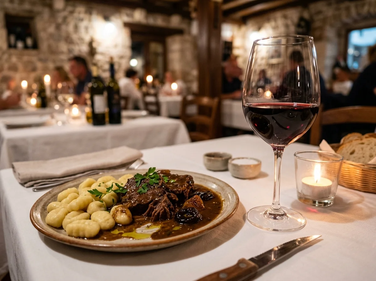 赤ワインのグラスとパシュティツァダが盛られた皿が並ぶ食卓