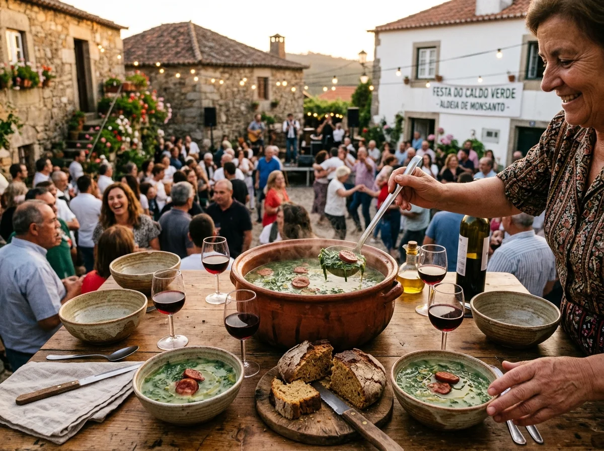 ポルトガルの村祭りでカルド・ヴェルデが振る舞われる風景
