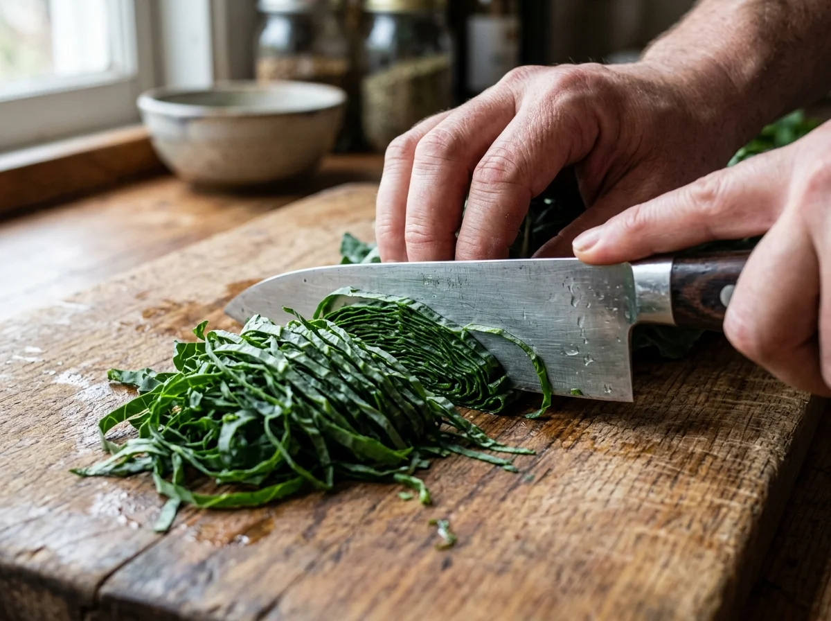 ケールの葉を極細の千切りにしている様子