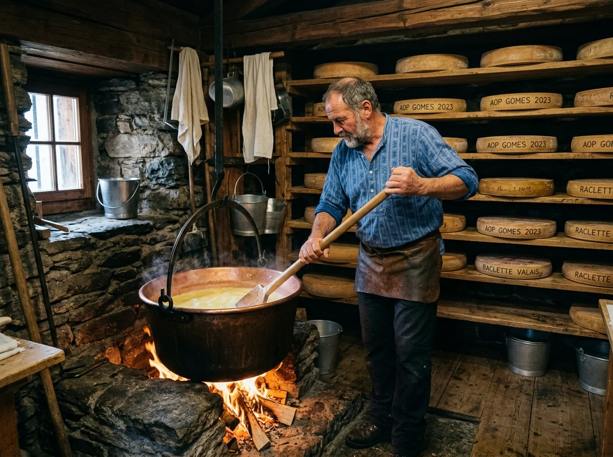 スイスの伝統的なチーズ小屋でラクレットチーズを作っている様子