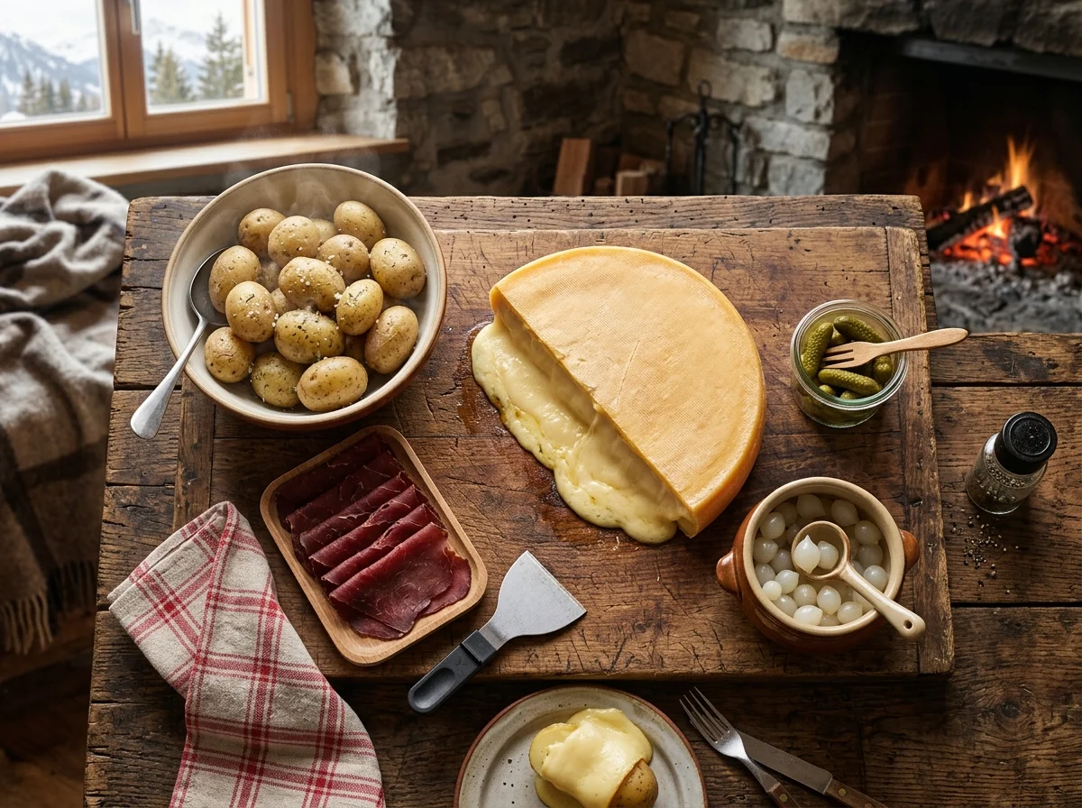 ラクレットの材料一覧。ラクレットチーズ、小じゃがいも、コルニッション、シルバーオニオン、乾燥ビーフ