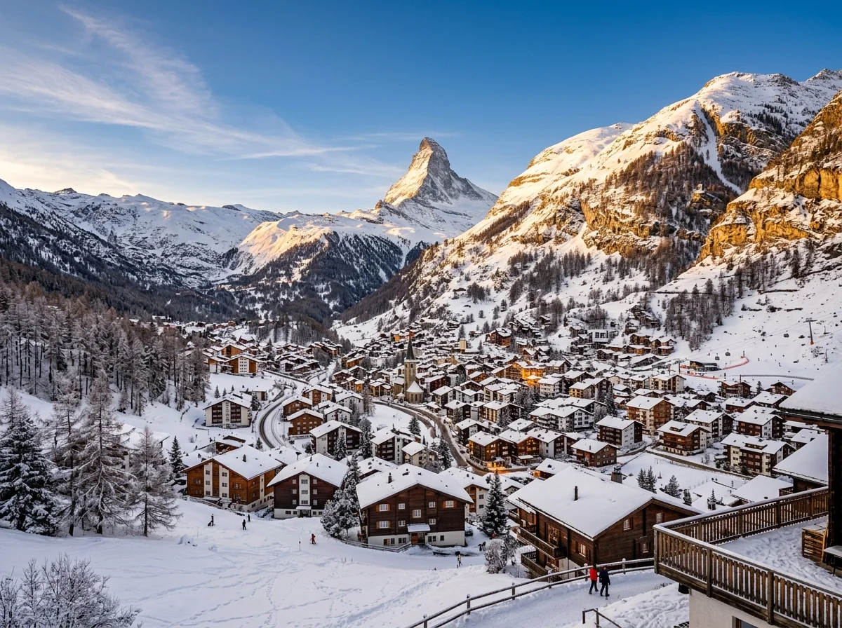 スイスのマッターホルンと冬のツェルマットの村の風景
