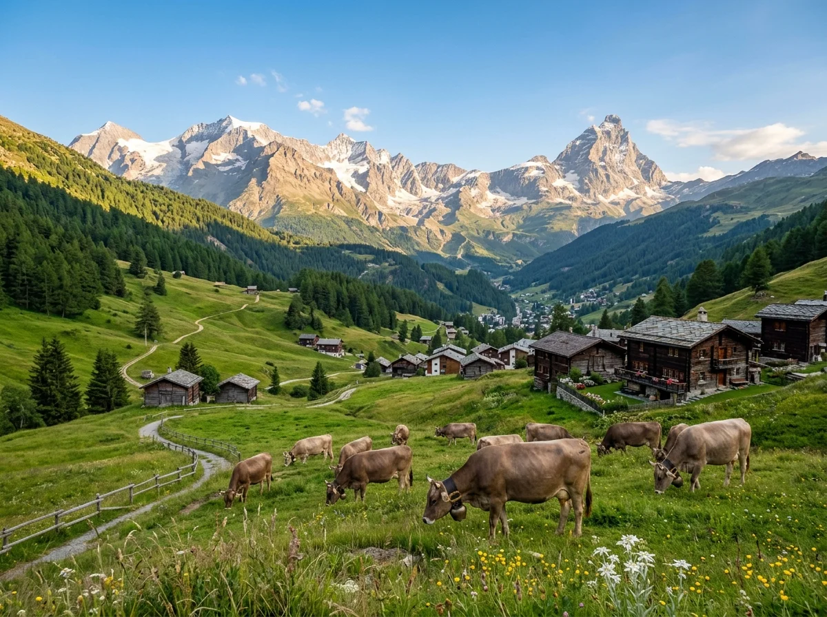 スイスのアルプス、ヴァレー州の放牧風景