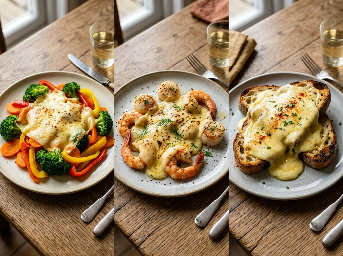 ラクレットのアレンジ。野菜たっぷり版やシーフード版が並ぶ