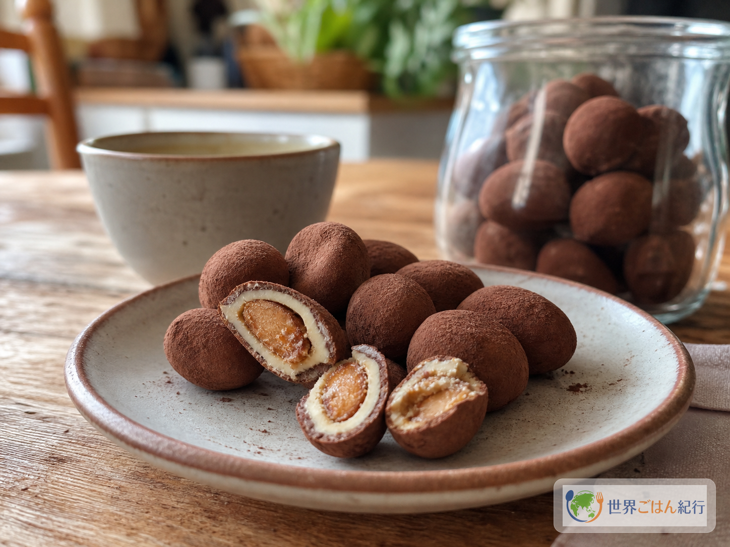 完成したカタニアスを小皿に盛り、コーヒーと保存瓶を添えた食卓