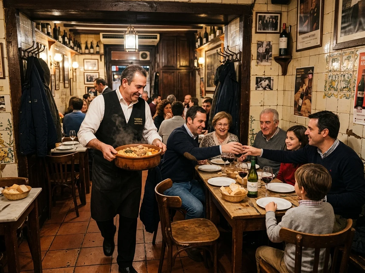 マドリードのタベルナでコシードが供される伝統的な風景