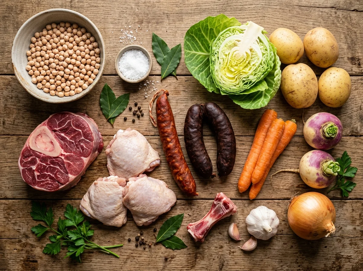 コシードの材料。ひよこ豆、チョリソ、牛すね肉、鶏もも肉、キャベツ