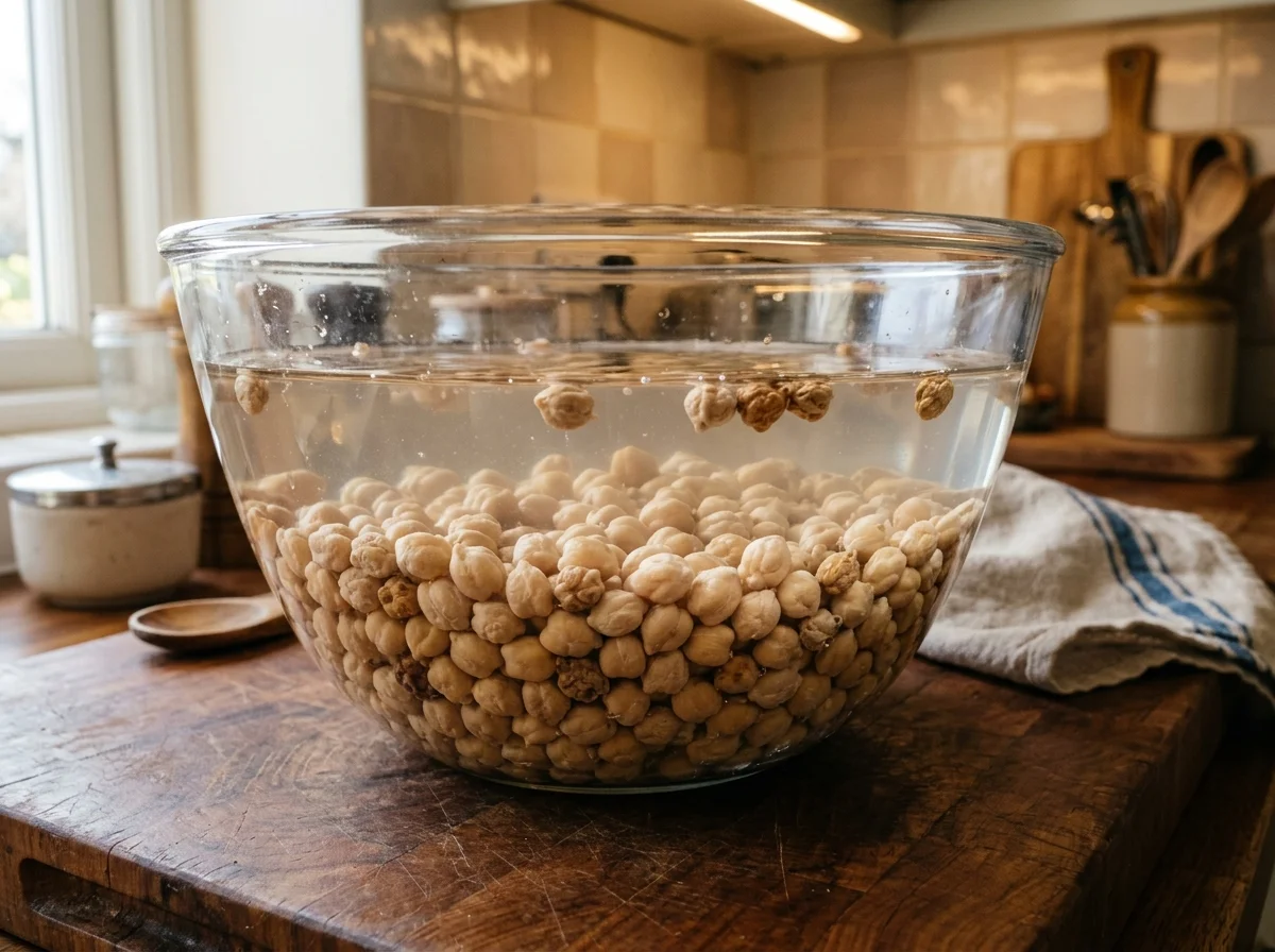 手順1: ひよこ豆を一晩水に浸す（前日準備 — 10時間以上）