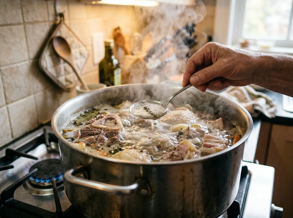 手順2: 大鍋に肉と水を入れて火にかける（20分）