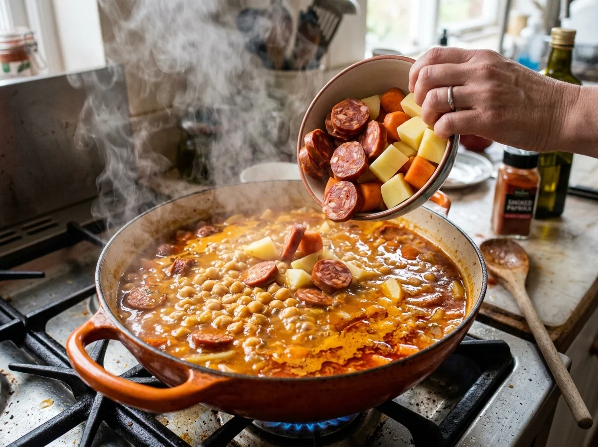 手順4: 野菜とソーセージを加える（30分）