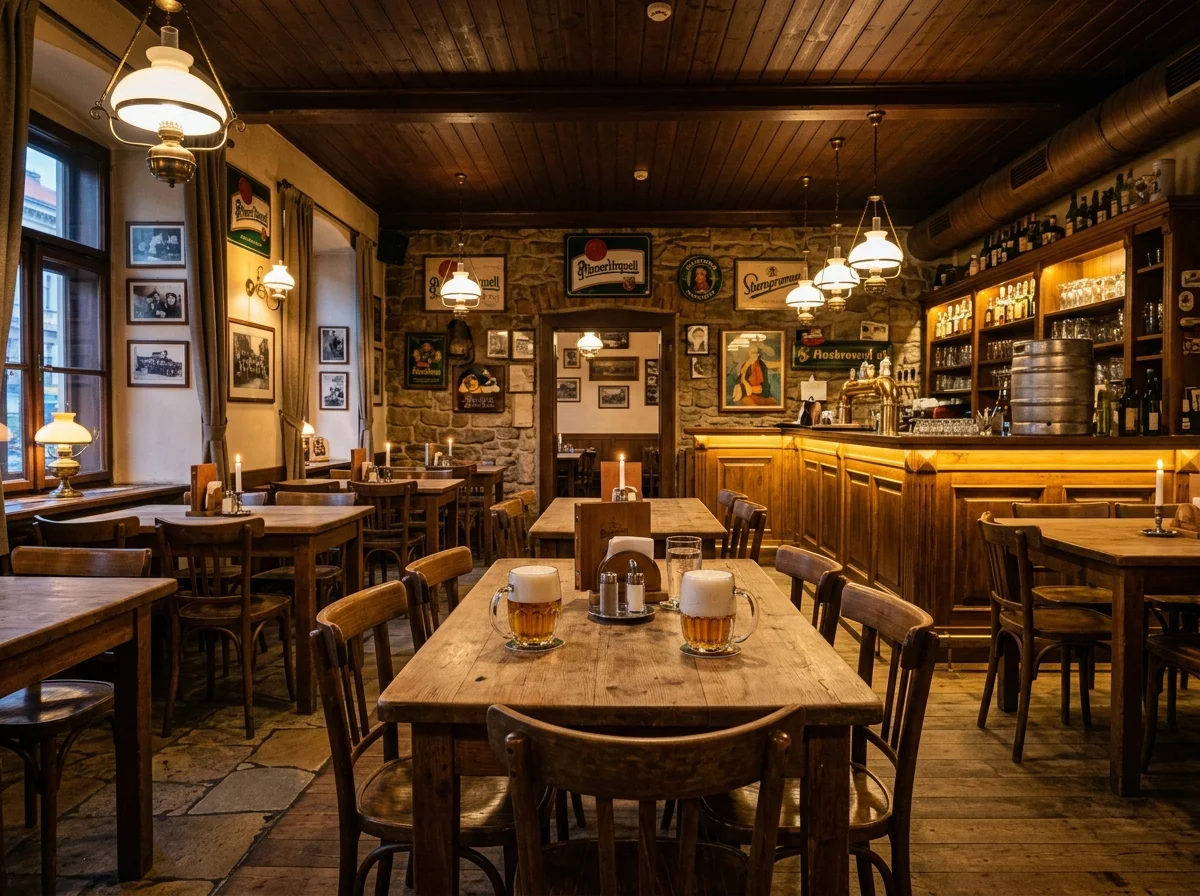 チェコの伝統的なレストラン（ホスポダ）の雰囲気。木のテーブルとビールグラスが並ぶ温かい空間