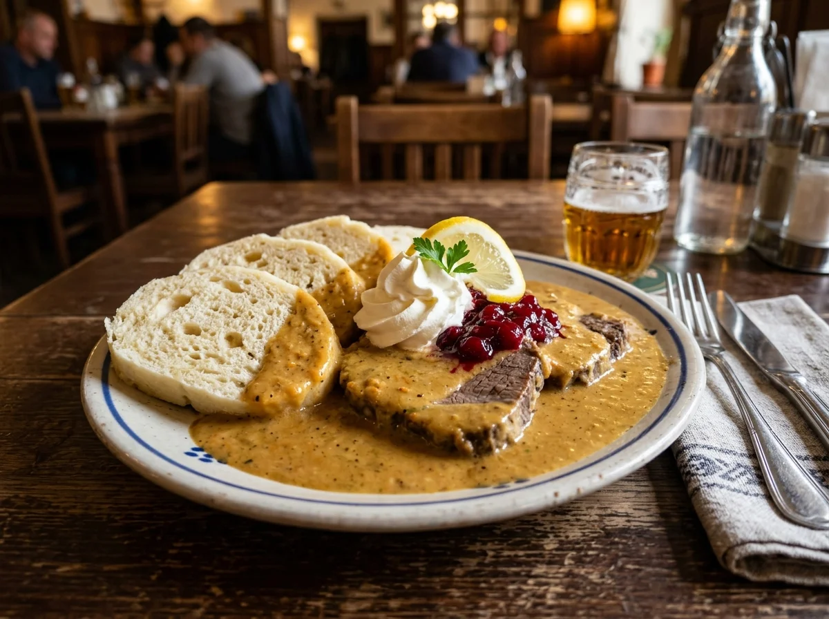 チェコの国民食スヴィチコヴァー・ナ・スメタニェ。クリームソースをかけた牛肉にクネドリーキとクランベリーソースを添えた一皿