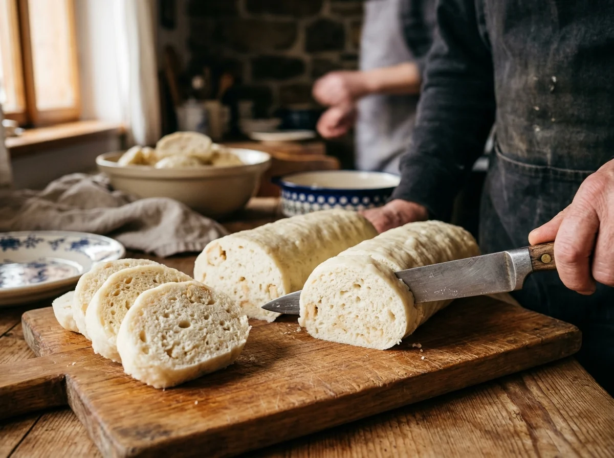 手順8: 成形して茹でる（25分） — 生地を2等分し、それぞれ直径6〜7cm、長さ15cmほどの棒状に成形する。大きな鍋にたっぷりの湯を沸かし、塩小さじ1を加える。棒状の生地を静かに入れ、蓋をして弱火〜中火で20分茹でる。途中で1回転がして均一に火を通す。茹で上がったらまな板に取り出し、2cm厚にスライスする。糸で切ると断面がきれい。