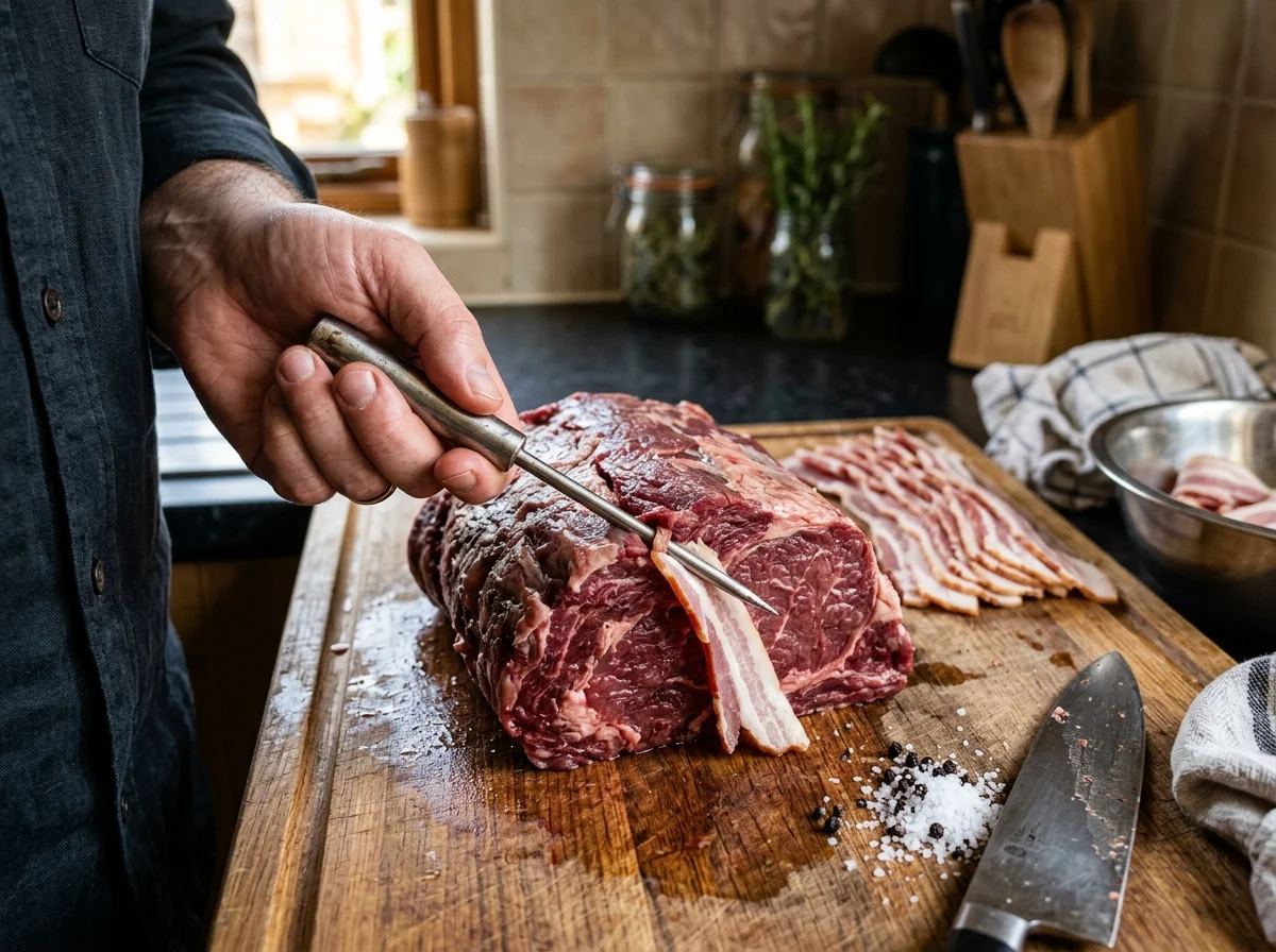 手順1: ラーディング（脂差し）（10分） — ベーコンを5mm幅の棒状に切る。牛肉に竹串やラーディングニードルで穴を開け、ベーコンの棒を押し込む。6〜8箇所に差し込めば十分。ラーディングすることで、赤身肉でもパサつかずジューシーに仕上がる。料理研究家Jiri Kral氏は「ラーディングなしのスヴィチコヴァーは魂のない体」と述べている。