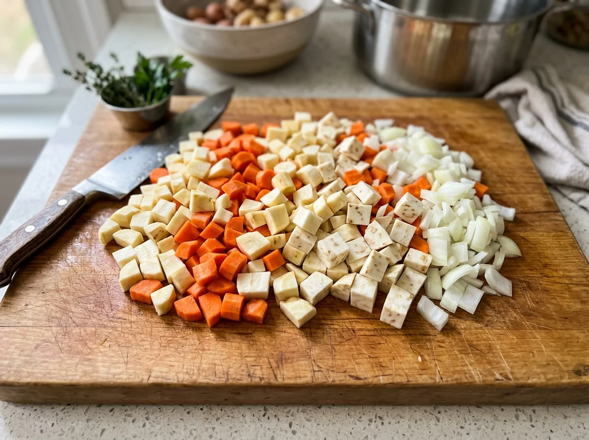 スヴィチコヴァーの材料。にんじん、セロリアック、パースニップ、玉ねぎなどの根菜を下ごしらえ