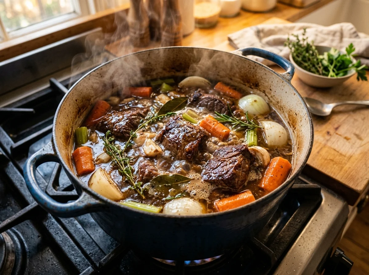 手順4: 煮込む（2時間） — 炒めた野菜の上に焼き付けた牛肉を戻し、水400mlを注ぐ。肉が半分浸かる程度が目安。蓋をして弱火にし、途中で1回肉を裏返しながら2時間じっくり煮込む。フォークがスッと刺さる柔らかさになったら火を止め、肉を取り出して保温しておく。